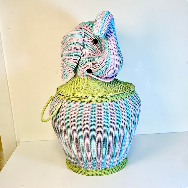 Wood 1997 Vintage Boho Chic Coastal Cabana Striped Wicker Elephant Basket Hamper, Signed Jen Lee For Sale - Image 7 of 17