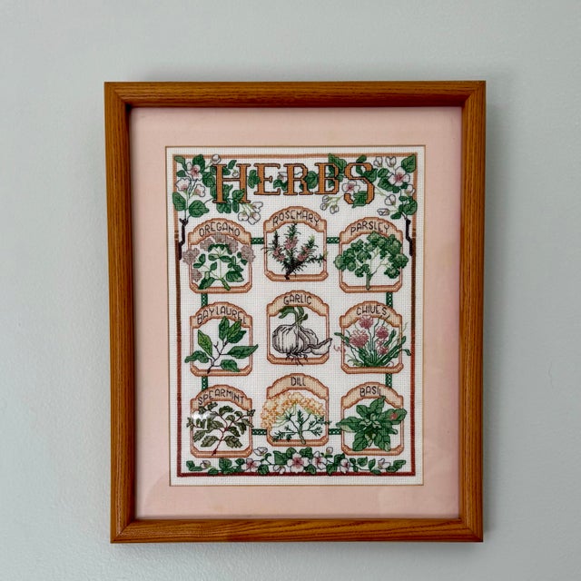 Farmhouse 1990s Folk Art Botanical Herb Garden Embroidered Cross Stitch For Sale - Image 3 of 9