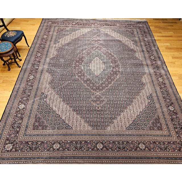 Antique Oversized Tabriz Mahi Rug, Hand-Knotted Wool & Silk, Herati Geometric Pattern, Navy & Burgundy, 12x15 For Sale - Image 17 of 18