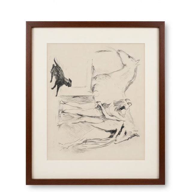 Bold and expressive 1974 limited-edition pencil sketch featuring a nude female figure flanked by two horses, with a...