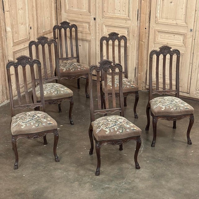 Early 20th Century Set of 6 Antique Country French Liègeois Hand Carved Oak Dining Chairs With Needlepoint Tapestry For Sale - Image 5 of 17