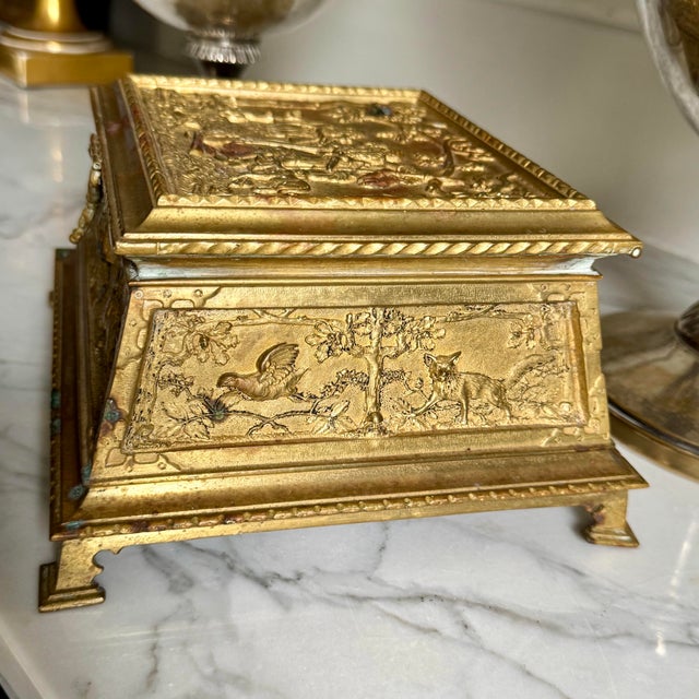 Vintage or Antique Patinated Gilt Bronze Jewelry Casket or Dresser Box 8.5"x7.5"x4.25" For Sale - Image 4 of 12
