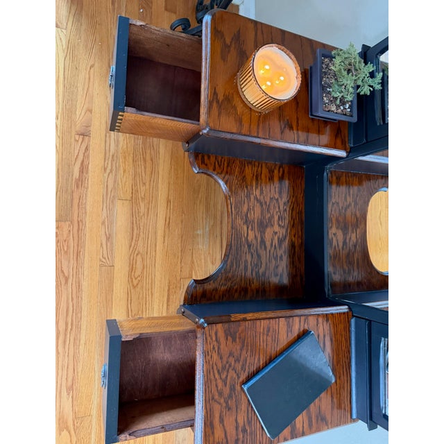 1920s Vintage Satin Black & Oak Vanity With Tri-Fold Mirror | Refinished Makeup Vanity Desk For Sale - Image 5 of 11
