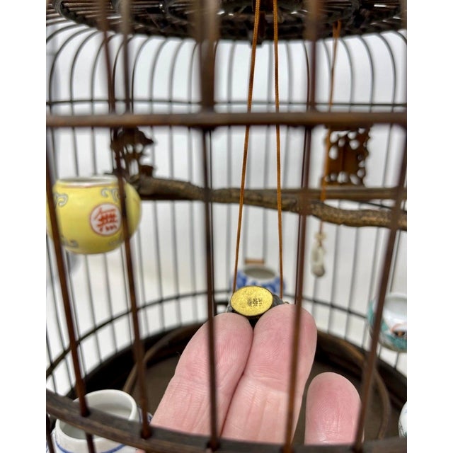 19th C Chinese Bamboo Birdcage Fully Ornamented, Hand Carved Dragon Perch. For Sale - Image 10 of 11