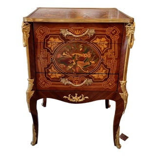 French Louis XV Style Two-Drawer Commode – Rich Wood Marquetry With Gilded Bronze Details For Sale