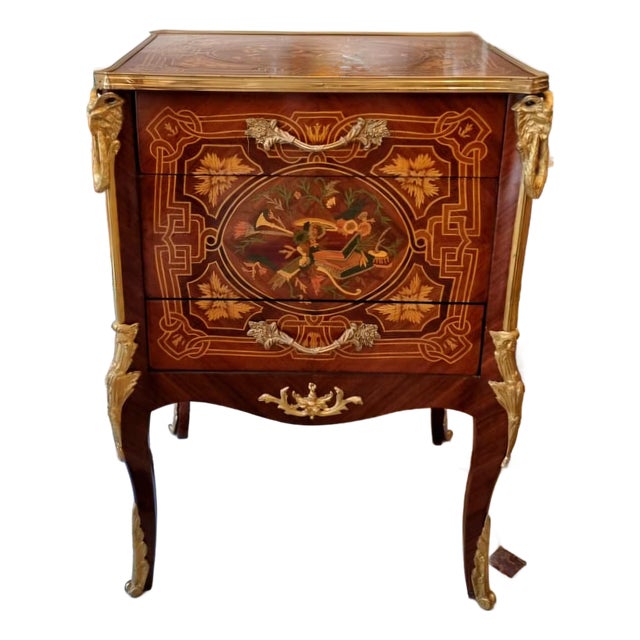 French Louis XV Style Two-Drawer Commode – Rich Wood Marquetry With Gilded Bronze Details For Sale