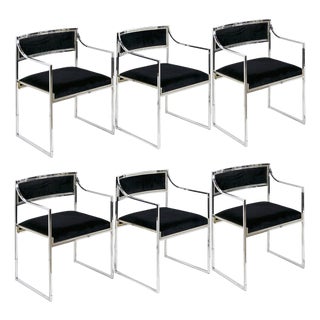 Mid-Century Modern Italian Chrome and Velvet Chairs, 1970s, Set of 6, Set of 6 For Sale