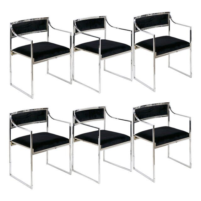 Mid-Century Modern Italian Chrome and Velvet Chairs, 1970s, Set of 6, Set of 6 For Sale