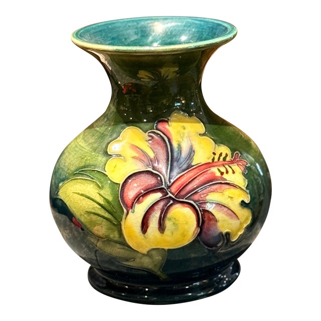 Vintage Moorcroft Hibiscus Vase Green Floral Pottery England Queen Mary Label 3.5 Inch For Sale