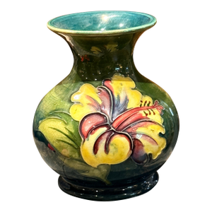 Vintage Moorcroft Hibiscus Vase Green Floral Pottery England Queen Mary Label 3.5 Inch