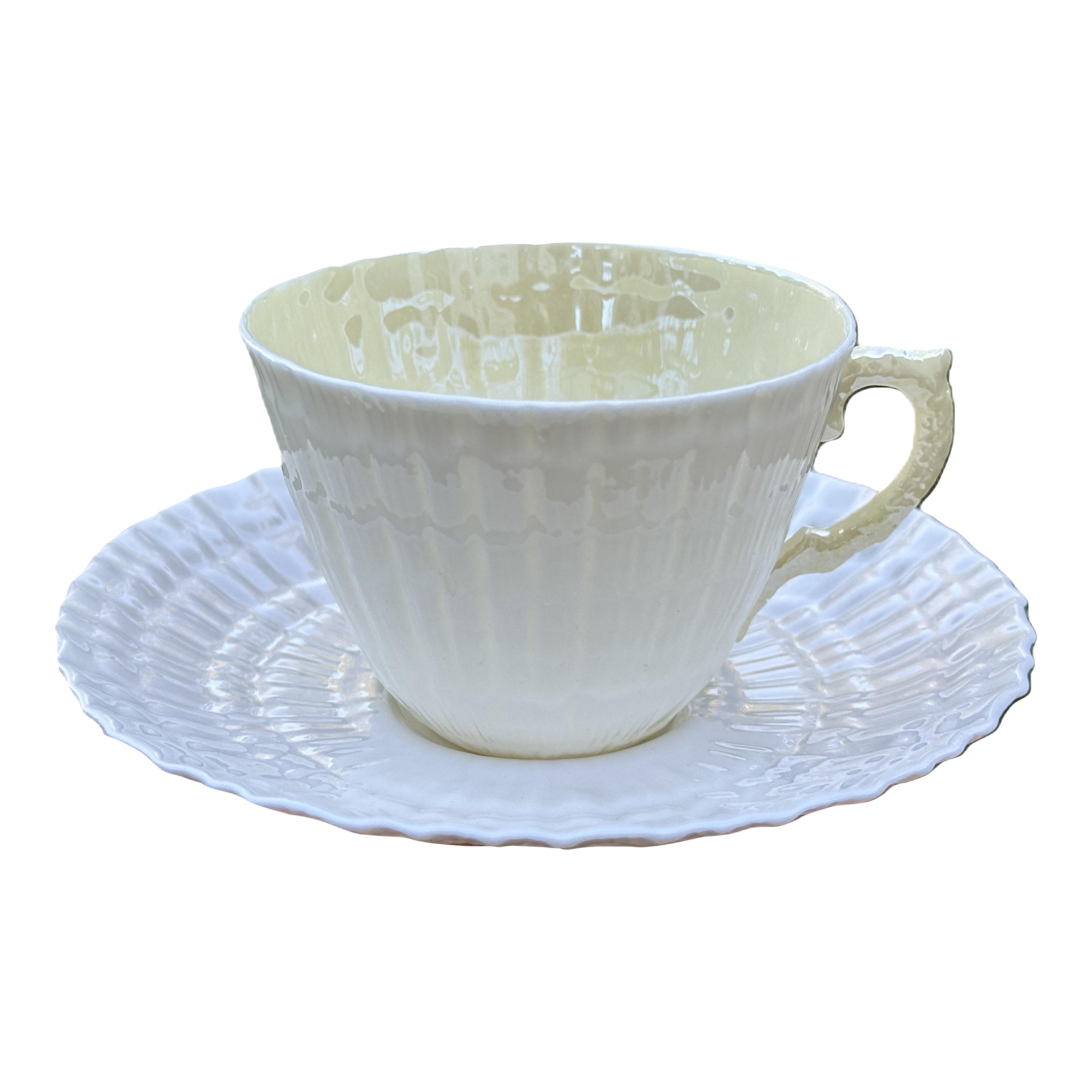 1950s Belleek Cup and Saucer, Limpet Yellow Shell Pattern Fine