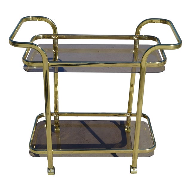 Rolling Serving Cart in Gilded Metal and Glass, 1980s For Sale