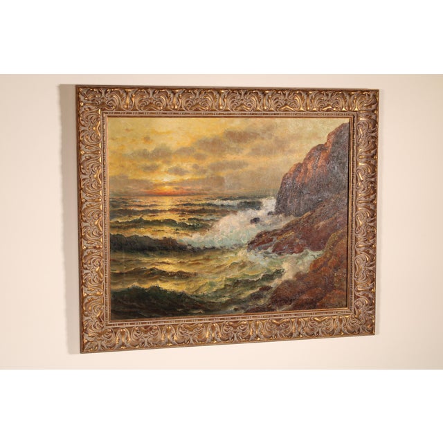 Impressionist stormy coastal seascape painting at sunset by California artist Richard Dey De Ribcowsky (1880-1936). Oil on...