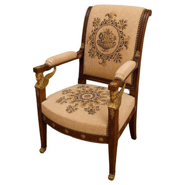 Beige Empire Mahogany Armchair with Egyptian Heads, Early 19th Century For Sale - Image 8 of 8