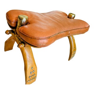 Vintage Mid-Century Egyptian Camel Saddle Stool - Leather & Wood Ottoman For Sale