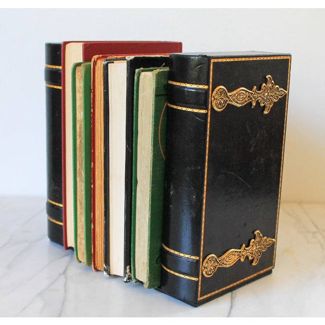 Mid 20th Century Vintage Black and Gold Leather Faux Book Bookends - A Pair For Sale - Image 5 of 11