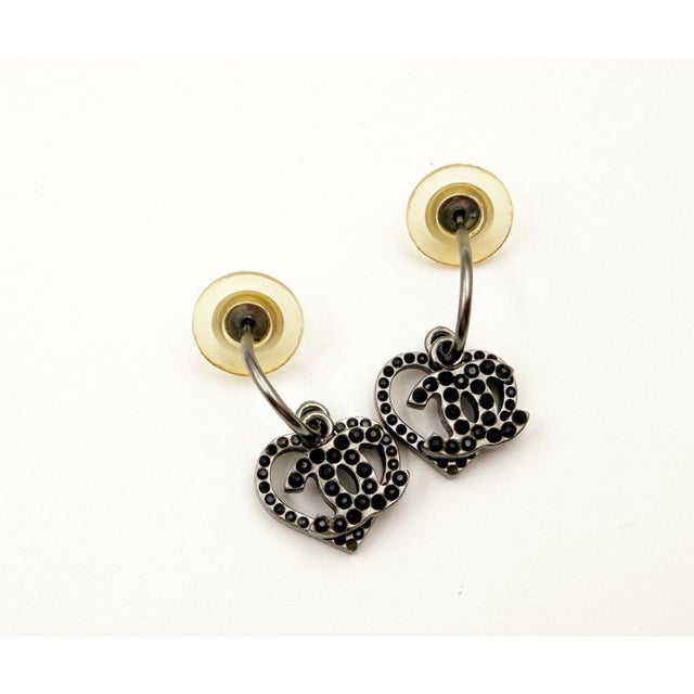 Chanel Chanel Silver CC Heart Black Crystal Overlap Hoop Earrings, A Pair For Sale - Image 4 of 5