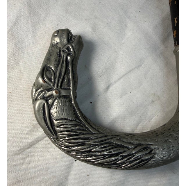 19th Century Antique Figural Horse Wood Silver Tone Metal Black Umbrella Parasol For Sale - Image 5 of 11
