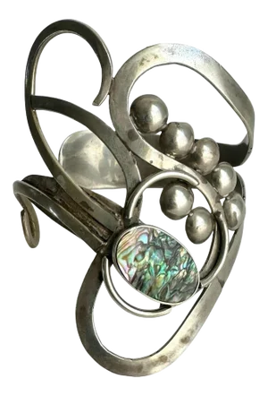 Vintage Abalone Shell Bracelet Artisan Freeform Silver Large Cuff MCM Modernist