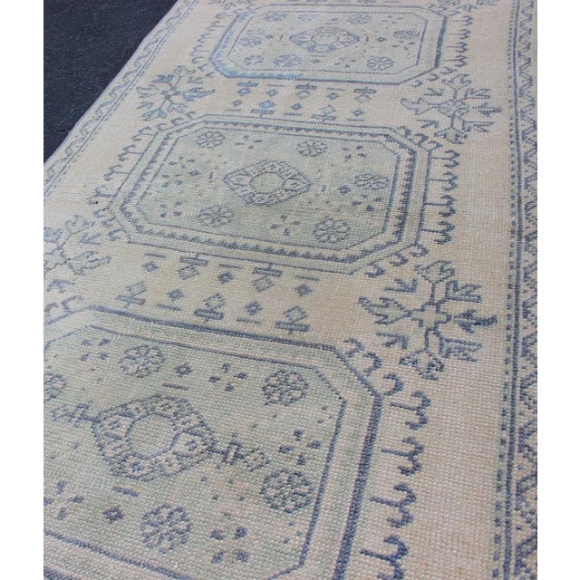 Mid 20th Century Vintage Turkish Oushak Runner in Faded Blue in Neutral Background For Sale - Image 5 of 13