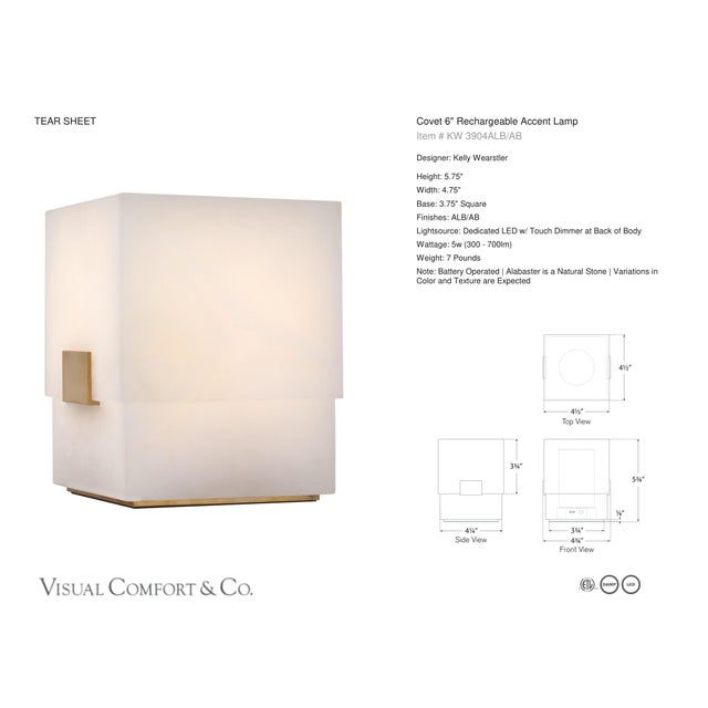 Kelly Wearstler by Visual Comfort Signature Covet 6" Rechargeable Accent Lamp in Alabaster and Antique-Burnished Brass...