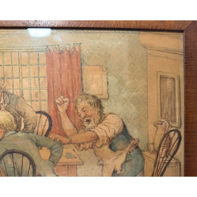 Paint Antique 19th Century Original Men Playing Cards at Table Watercolor Painting For Sale - Image 7 of 12