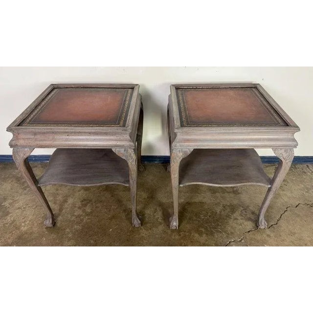 Pair of English Style Painted End Tables with Tooled Leather Tops and Chippendale legs. A charming pair of mid-20th...