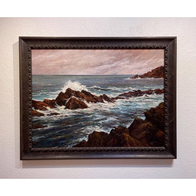 This oil painting captures the rugged coastline of Porto Moniz, Madeira, with dynamic waves crashing upon dark, jagged...