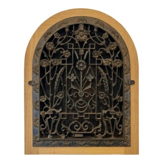 Antique Cast Iron Architectural Grille With Custom Wood Frame For Sale