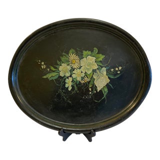 Antique Black Tole Metal Tray With Hand Painted White Floral Bouquet For Sale