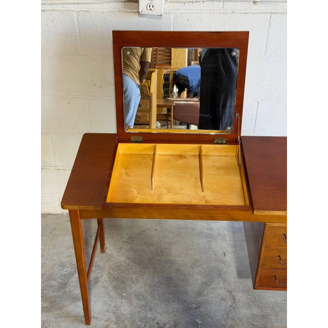 1960s Vintage Teak Vanity With 3 Drawers Flip-Up Mirror and Storage Denmark 1960s For Sale - Image 5 of 11
