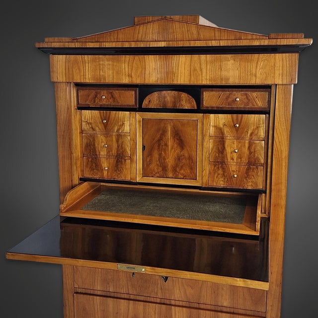 Wood Biedermeier Cherrywood Veneer Secretary Desk with Pointed Gable, Thuringia, 1820s For Sale - Image 7 of 11