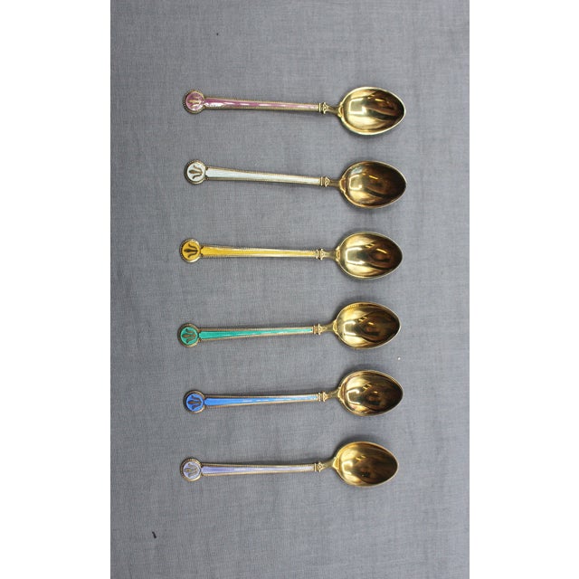Metal Mid-20th Century Norwegian Gilt, Sterling Silver, and Enamel Demitasse Spoons - Set of 6 For Sale - Image 7 of 10