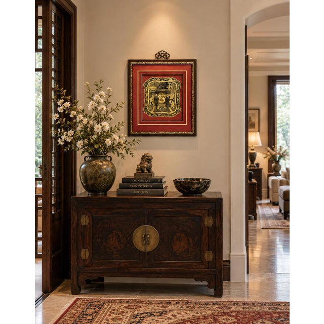 Chinese Vintage Asian Hardware Art Shadow Box Good Fortune Wall Art Engraved Brass Plate 21.5" For Sale - Image 3 of 16