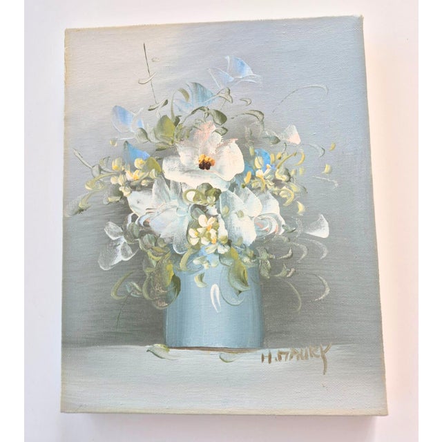 2000 - 2009 Vintage Original Painting on Canvas Floral Blue White Green Unframed Signed For Sale - Image 5 of 8