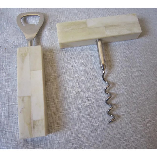 Fabulous pair of Mila Italian Marquetry bar tools. Modernist era sleek and chic. Corkscrew measures 5"H x 4"W and Bottle...