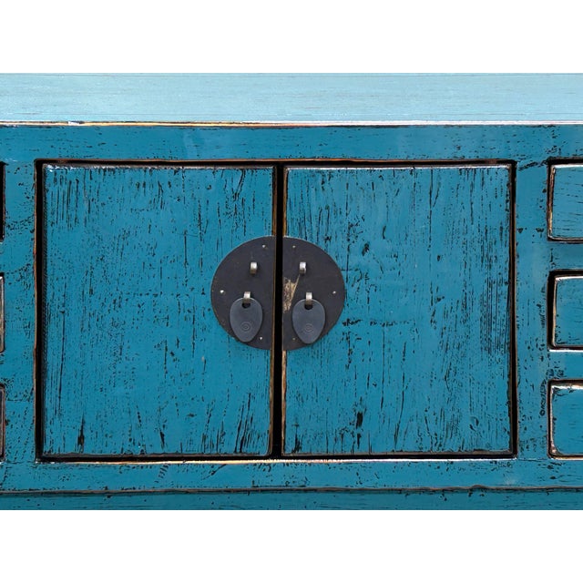 Blue Distressed Blue Lacquer 6 Drawers Narrow Slim Console Foyer Side Table For Sale - Image 8 of 10
