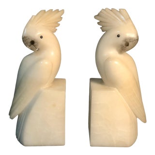 C. 1930 Alabaster Cockatoo Hand-Carved Bookends- a Pair For Sale