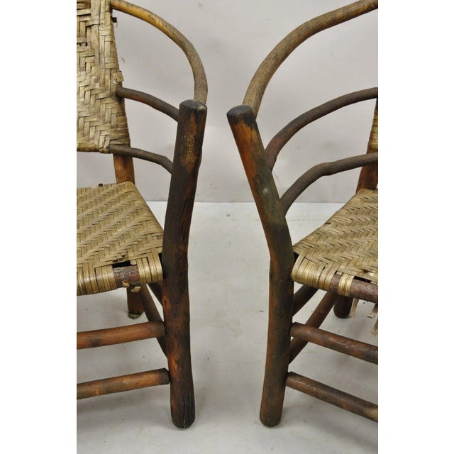 Rustic Adirondack Old Hickory Style Tree Branch Wood Frame Rattan Lounge Chairs a Pair For Sale - Image 3 of 13