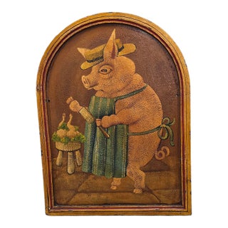 Vintage Hand Painted Piggy Chef on Reclaimed Wood Panel For Sale