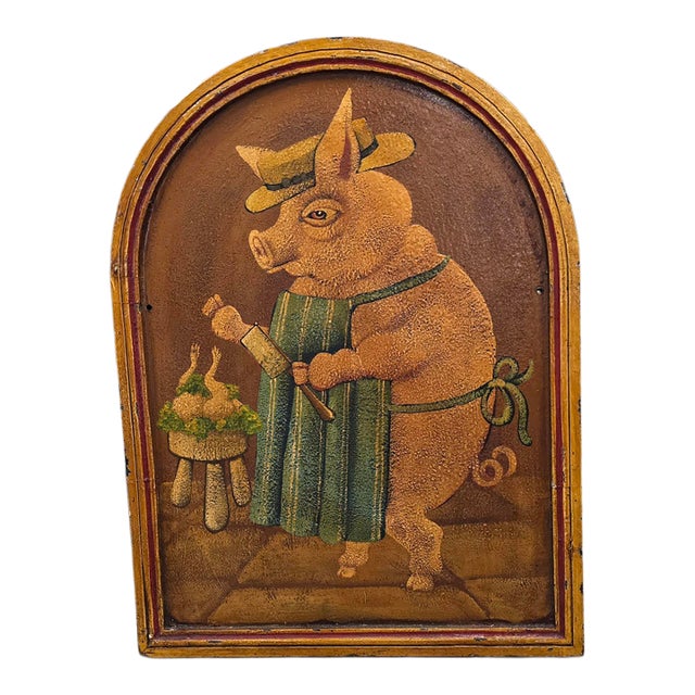 Vintage Hand Painted Piggy Chef on Reclaimed Wood Panel For Sale