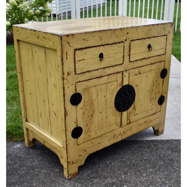 Wood Chinese Wood Painted Cabinet Ming Style Distressed Yellow For Sale - Image 7 of 16