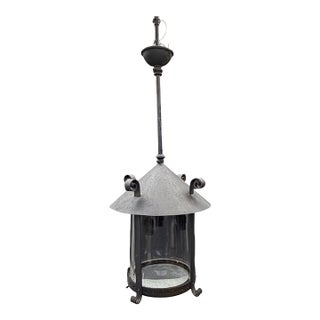 Antique Cast Iron Gas Lantern Pendant Light, Converted Gas Ceiling Fixture With Glass Shade For Sale