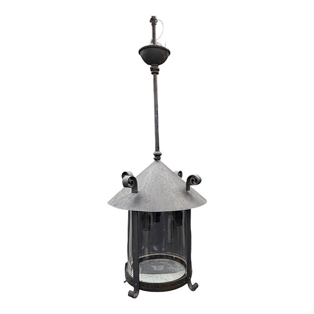 Antique Cast Iron Gas Lantern Pendant Light, Converted Gas Ceiling Fixture With Glass Shade For Sale