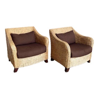 Boho Chic Wicker Arm Chairs With Brown Cushions For Sale