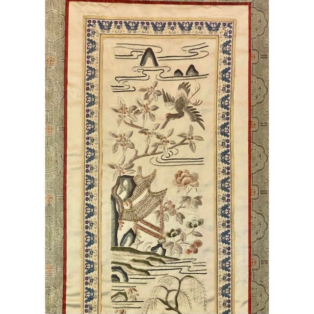 Chinese Mid 20th Century Chinese Embroidered Silk Panel in Giltwood Faux Bamboo Frame For Sale - Image 3 of 4