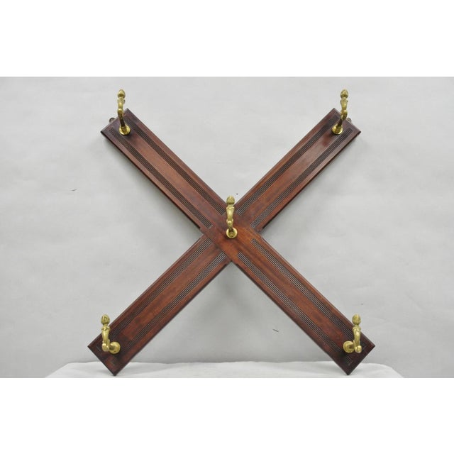 Antique Victorian Mahogany X-Form Wall Coat Rack W/ Brass Knight's Helmet Hooks For Sale - Image 13 of 14