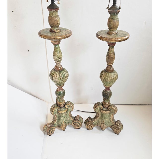 French Provincial Large Antique Celadon Green & Gilded Candlestick Table Lamps -a Pair For Sale - Image 3 of 13