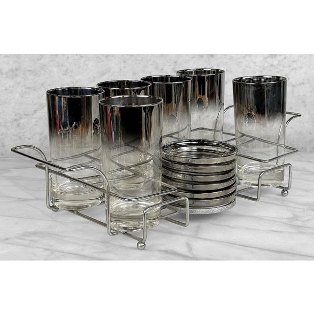Mid-Century Modern 1980s Mid-Century Chrome Silver Fade Tall Liquor Glass & Coaster Bar Serving Set - 13 pcs For Sale - Image 3 of 13