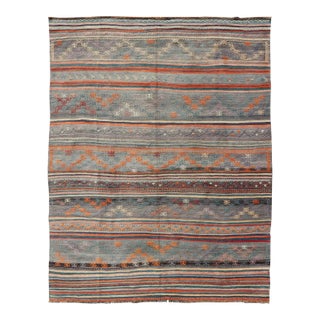 Mid 20th Century Colorful Vintage Turkish Embroidered Kilim With Stripes and Geometric Motifs For Sale